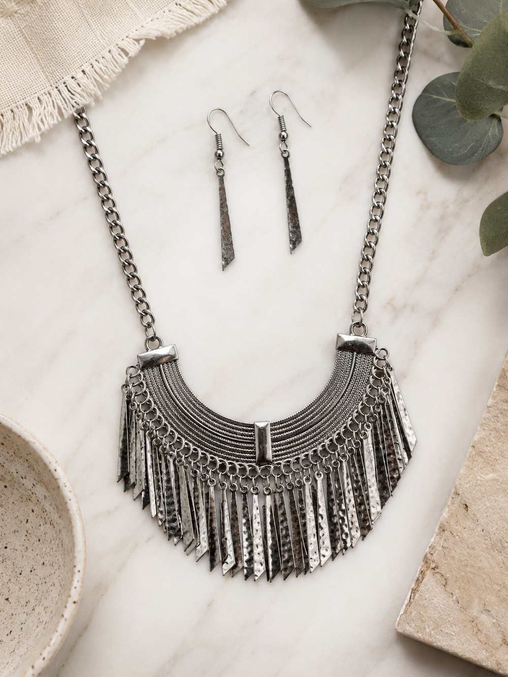 NWT Gunmetal Statement Fringe Necklace & Earrings Set Nickel Free